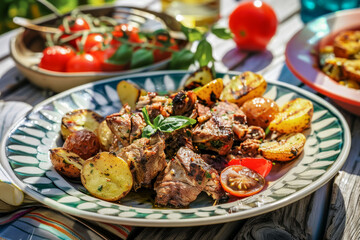 Baked delicious meat with aromatic herbs, potatoes and spices and served on a plate, the epitome of Mediterranean culinary excellence, restaurant menu idea