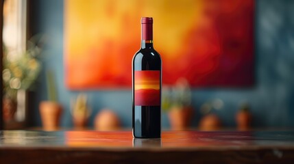 A bottle of red wine stand on a table. Black and red background.