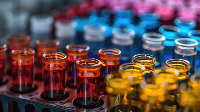 Macro photograph of a microscope slide showing the complex molecular structures of various dyes and pigments, demonstrating extensive research and development.