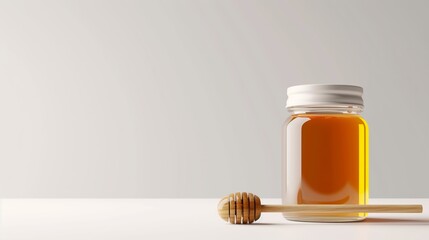 Honey in glass jar with wooden dipper. Pure honey in clear glass, minimalistic style. Concept of healthy eating, food simplicity, natural products, clean design. Light background. Banner. Copy space - obrazy, fototapety, plakaty