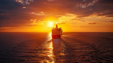 As dusk descends upon the vast ocean, a cruise ship glides serenely through the water, basking in the warm, golden hues of the setting sun, which cast a mesmerizing reflection upon the tranquil waves.