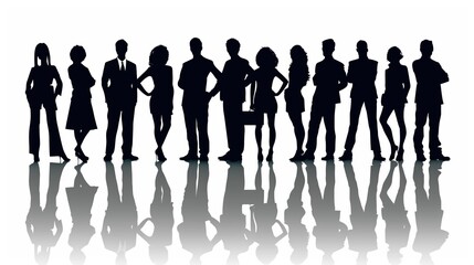 Vector silhouettes of men and a women, a group of standing business people with shadow, black color isolated on white background