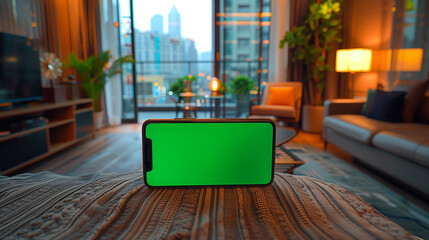 Phone with green screen on the bedroom background,  concept of interior design 