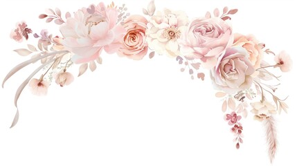 soft watercolor border Flower of Ranunculus, Peonies,roses, Bunny tails , Pampas grass , Ballerina Rose ,grass flower,in the style of light pink dark pink cream rose colors,