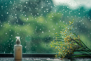 A bottle of lotion sits on a windowsill next to a bouquet of flowers
