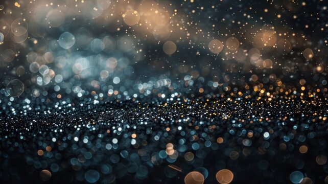 Dark blue bokeh lights with golden accents - This image features dark blue bokeh lights with golden accents creating a mystical night time aesthetic