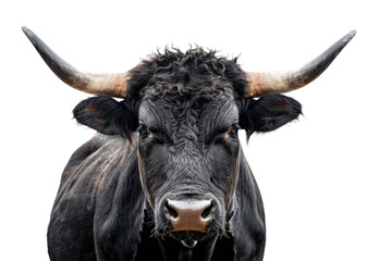 Primer plano de la cabeza de un toro de lidia español de color negro con grandes cuernos, mirando a cámara, sobre fondo blanco transparente