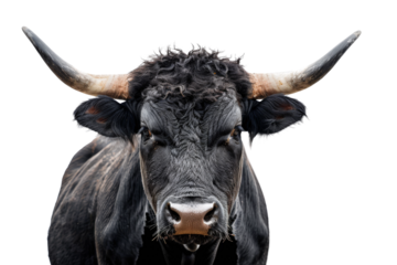  Primer plano de cabeza de un toro de lidia español de color negro con grandes cuernos, mirando a cámara, sobre fondo blanco. concepto corridas de toros, fiestas españolas, San Isidro, San Fermín