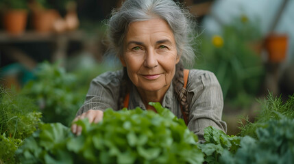 Middle-aged woman participating in a community garden project, highlighting the therapeutic aspects of gardening and social interaction