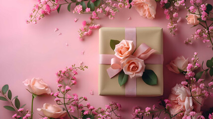 A gift wrapped in pink ribbon surrounded by pink flowers