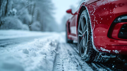 Winter car tires on a snowy road by Generative AI - obrazy, fototapety, plakaty