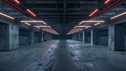 Futuristic underground parking with red lights - Underground parking with symmetric red lighting giving a futuristic and cinematic feel, focus on architecture