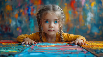 Careless little kid accidently spilling paint on the floor creating colorful splatters - obrazy, fototapety, plakaty