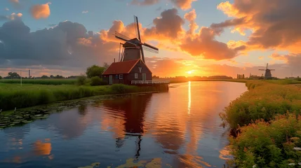Fotobehang Dutch windmill by lake at sun down © chlo