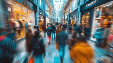 Vibrant urban scene: motion blurred crowd in busy shopping street during rush hour, city life concept