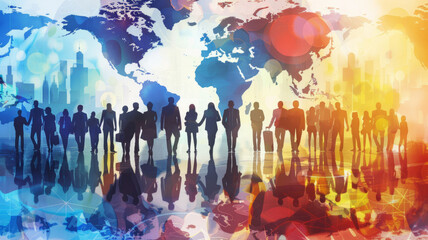 Silhouettes of diverse business people - Colorful image of professionals over global business network background represents global cooperation and diversity