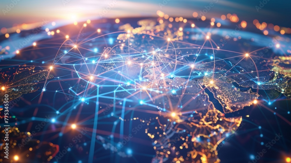 Poster glowing network nodes with european map background - detailed view of europe connected by glowing no
