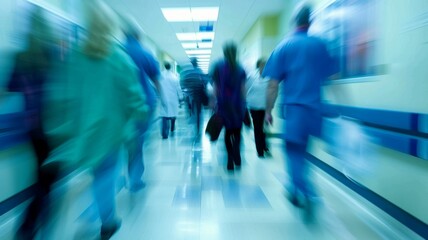 Busy hospital corridor with motion blur effect - Dynamic image of busy hospital personnel in blue scrubs rushing through a brightly lit corridor with motion blur effect symbolizing urgency and dedicat
