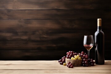 Elegant wine tasting setup with red wine, grapes, and bottle on a vintage wooden table. Red Wine...