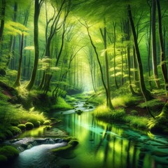 A serene scene of a sunlit stream flowing through an enchanting green forest, radiating tranquility and natural beauty