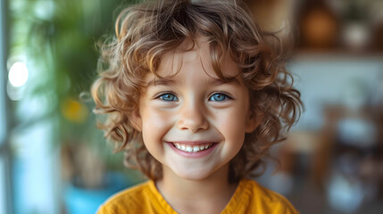 Joyful Child with Curly Hair and Blue Eyes