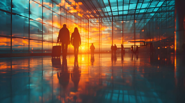 bisines woman at airport, women walking with luggage trolley at the airport during sunset
