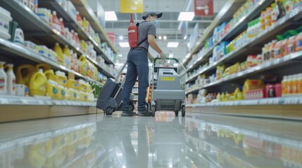 Professional cleaning services worker operating floor washing machine to sanitize supermarket premises: hygiene maintenance in retail environment