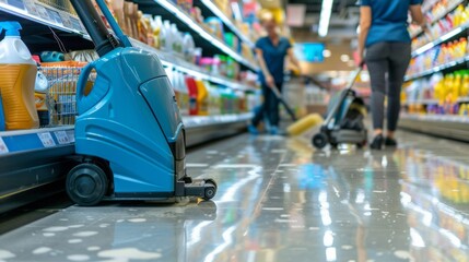 Professional cleaning services worker operating floor washing machine to sanitize supermarket premises: hygiene maintenance in retail environment