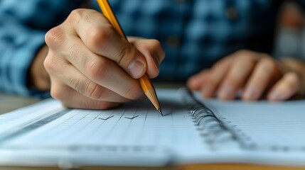 A detailed close-up of a students hand writing an essay during an exam. - obrazy, fototapety, plakaty