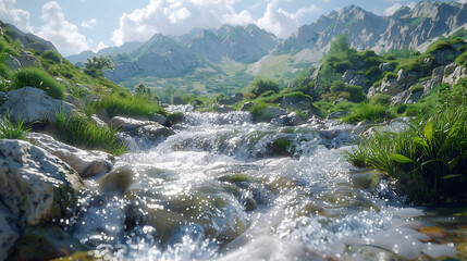 Naklejka na ściany i meble dynamic movement of mountain streams rushing over rocky terrain