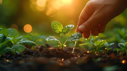 Nurturing nature future. Child hopeful act of planting small seedling embracing concept of environmental sustainability and eco friendly agriculture to care for green earth one sprout at time - obrazy, fototapety, plakaty