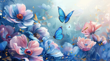 colorful blue tropical morpho butterflies on delicate daisy flowers painted with oil paint, vector illustration