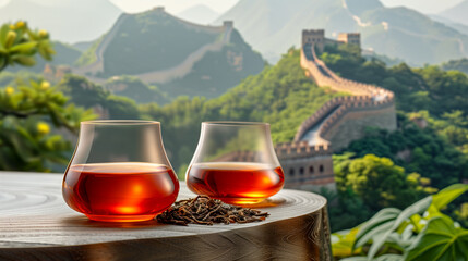 Black tea streaming into a glass with dried tea leaves set against the Great Wall of China