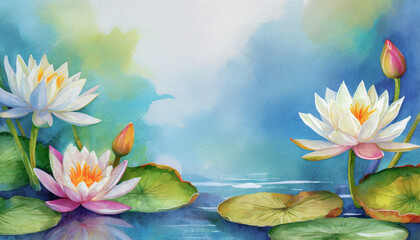 Painted water lilies in a lily pond with copy space for wedding save the date, wedding invitation, party invite, birth announcement