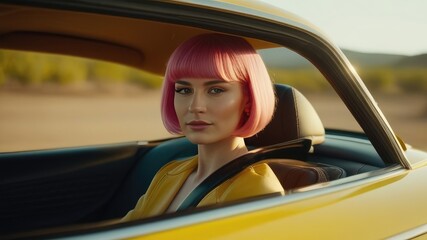 girl with pink hair in a yellow car, in retro style. The concept of retrofuturism, vintage style, retro cars, summer mood. - obrazy, fototapety, plakaty