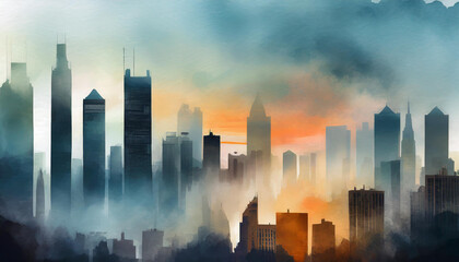 Illustration of cityscape skyline with foggy sunrise. Modern buildings. Abstract art.