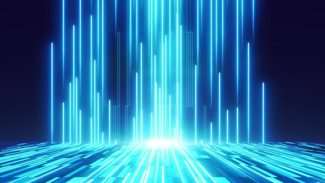  4k abstract background loop of blue digital neon lines converging to a point and then soaring up. Motion graphics for IT, Data visualisation and technology