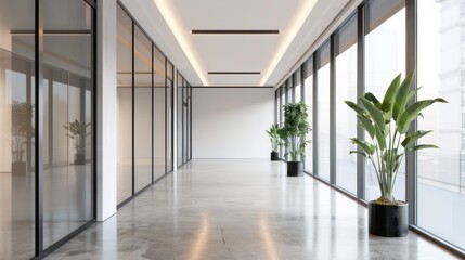 Dark and eerie corridor in modern office building - perspective view of a dimly lit hallway with fluorescent lighting, conveying a sense of mystery and suspense - urban architecture photography