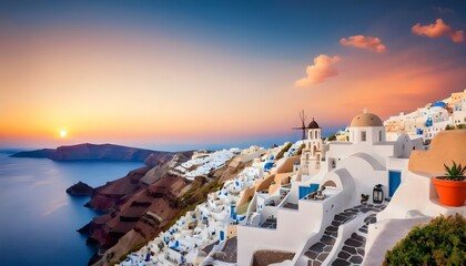 Amazing evening view of Santorini island. Panorama of summer sunset on the famous Greek resort Fira, Greece, Europe. Luxury travel concept background. Summer vacation or holiday, fantastic scene  - obrazy, fototapety, plakaty