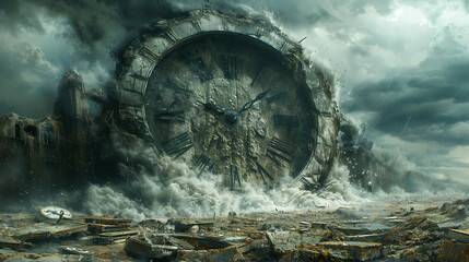 A giant, submerged clock dominates a stormy scene with waves crashing and city ruins - obrazy, fototapety, plakaty