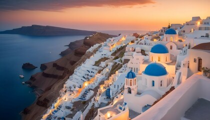 Amazing evening view of Santorini island. Panorama of summer sunset on the famous Greek resort Fira, Greece, Europe. Luxury travel concept background. Summer vacation or holiday, fantastic scene  - obrazy, fototapety, plakaty