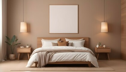 Minimal interior design bedroom with beige cozy tone style, decorate with wooden bed, lamp, white pillows, table, and brown tone background, empty wall for mock up and banner, with Generative Ai. 