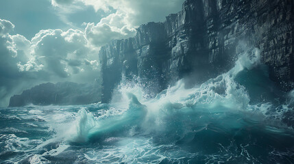 dynamic movement of waves crashing against rocky cliffs - Powered by Adobe