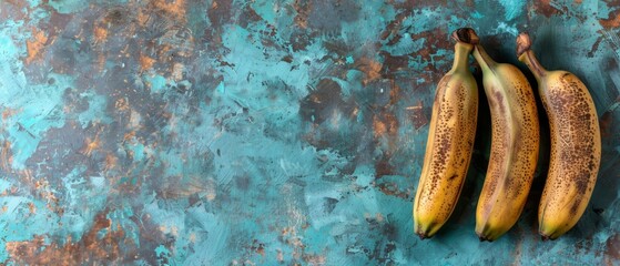   Three bananas sit on a blue, rusted countertop - obrazy, fototapety, plakaty