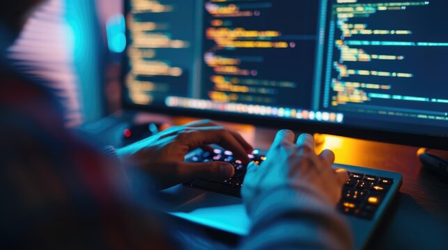 Close-up of a programmer's hands typing on a backlit keyboard, with lines of code displayed across multiple computer screens. AIG41