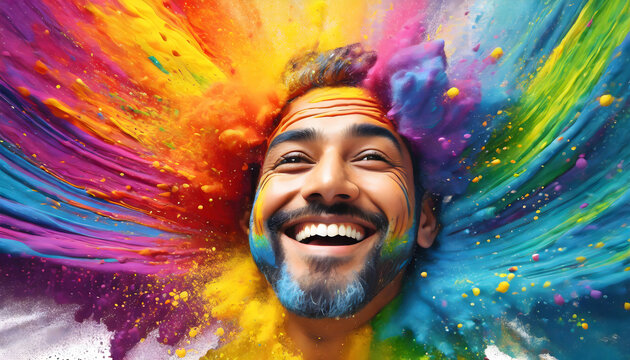 Dynamic Burst: Colorful Rainbow Holi Paint Powder Explosion with Excited Male Face in the Foreground