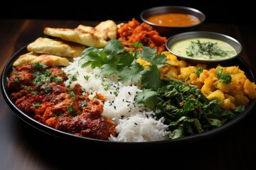Look from the top! Indian deliciousness on a plate. Tasty curries, spices, and flavors galore. Yum! Enjoy the feast 