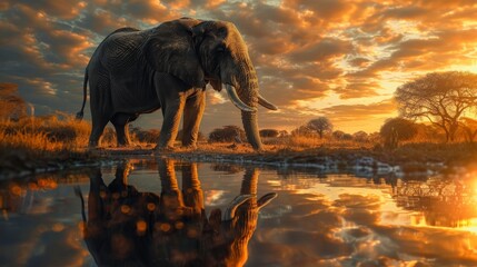 African elephant at waterhole with textured skin, golden hour serengeti scene, panoramic view