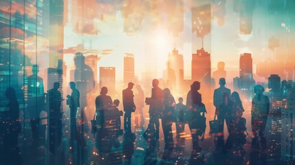 Double exposure of diverse business professionals in a successful conference against urban skyline backdrop, symbolizing collaboration and achievement in teamwork and partnership strategies