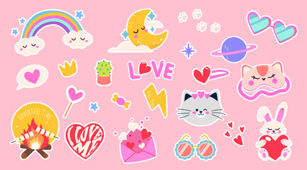 Set of beautiful stickers in cartoon style. Vector illustration of stickers: rainbow with clouds, crescent moon, bonfire with fire, glasses, crown, star, heart, cactus, candy, love letter, bunny, cat.